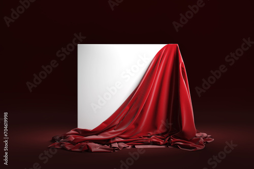 Empty screen covered with red cloth. Presentation pedestal with a red silk cloth. 3d photo