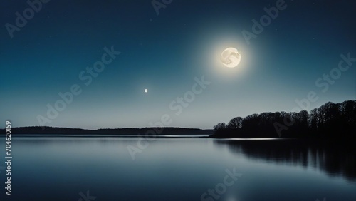 night landscape with moon A blue moon over water, showing the contrast and the mystery of nature. The moon is bright and round 