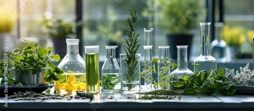 Organic plant-based research in a science lab for medicinal purposes, experimenting with herbal extracts in glassware for cosmetic uses and beauty products.