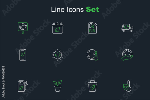 Set line Thermometer, Trash can, Plant in pot, Petrol or gas station, Hand holding Earth globe, melting to global warming, Solar energy panel and Mobile phone with leaf icon. Vector © Iryna