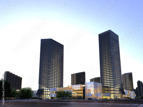 3d render of skyscrapers  shopping mall exterior view at night