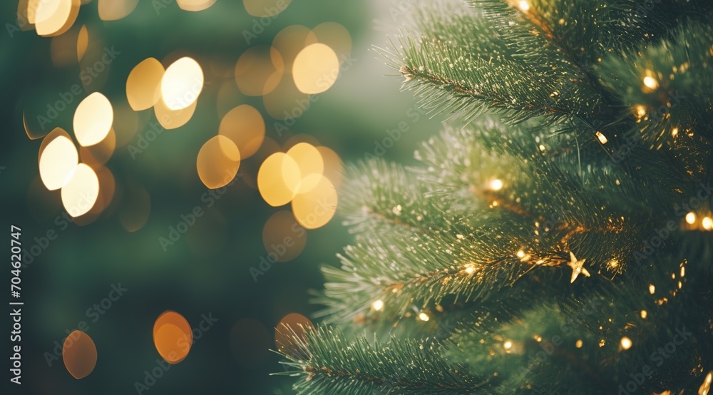 A close-up image of a decorated Christmas tree with blurred golden lights in the background A close-up image of a decorated Christmas tree with blurred golden lights in the background