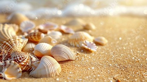 Seashells scattered on golden sand, offering a natural and textured background for summer-themed designs. [Seashell treasures]