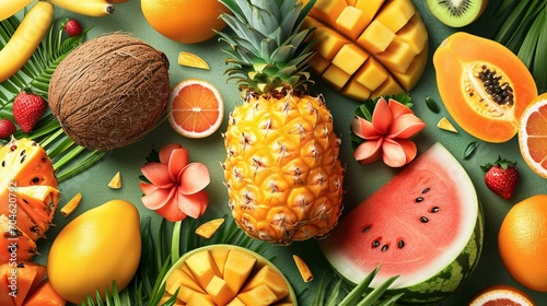 A collage of tropical fruits like pineapple, watermelon, and coconuts, forming a refreshing and vibrant background. [Tropical fruit delight]