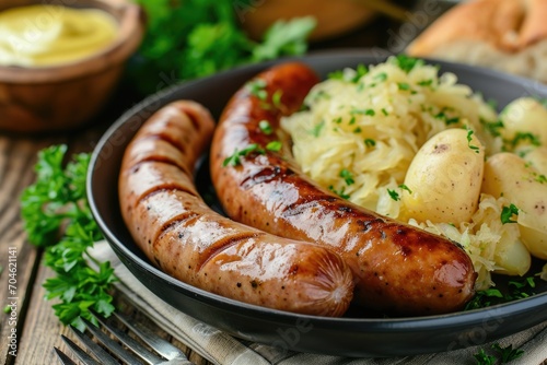 Two grilled German sausages with sauerkraut and potatoes photo