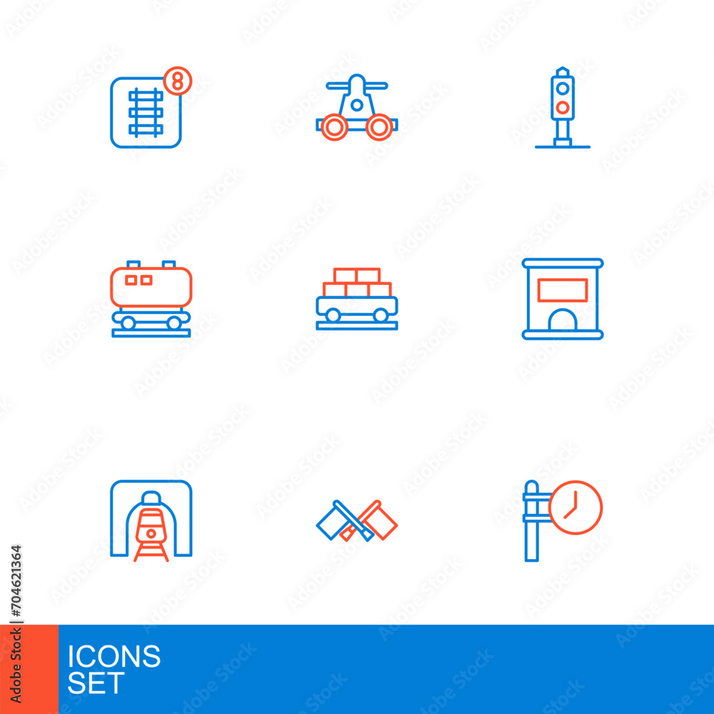 Set line Train station clock, Flag, railway tunnel, Ticket office to buy tickets, Oil cistern, Cargo train wagon, traffic light and Handcar transportation icon. Vector Set line Train station clock, Flag, railway tunnel, Ticket office to buy tickets, Oil cistern, Cargo train wagon, traffic light and Handcar transportation icon. Vector