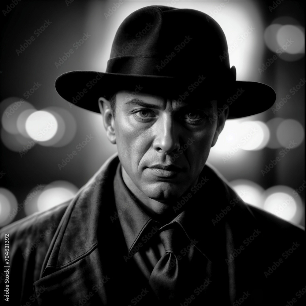 Film Noir gangster on a street at night. generative ai Film Noir gangster on a street at night. generative ai