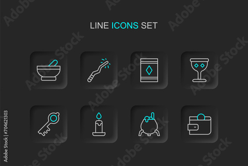 Set line Wallet, Witch cauldron, Burning candle, Old magic key, Medieval goblet, Magic carpet, wand and icon. Vector