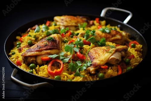 Spanish paella with chicken and vegetables on black background
