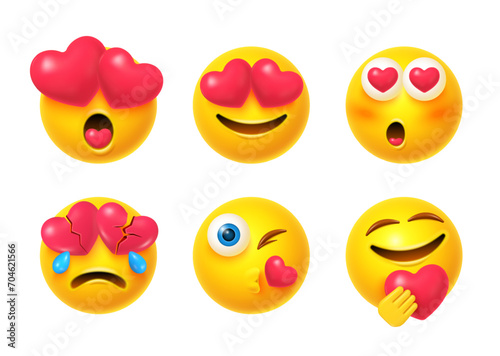 3d love emoji. Realistic emojis mood face with hearts in eyes heart fun emoticon enjoy lovers happy feelings romantic smile expression cartoon emoticons nowaday vector illustration