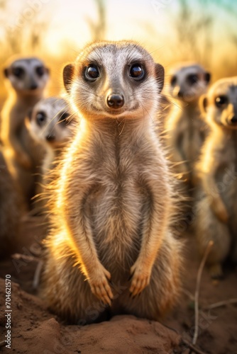 Cute portrait of meerkats on guard duty in golden hour