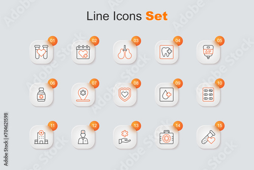 Set line Test tube with blood, First aid kit, Cross hospital medical, Male doctor, Hospital building, Pills blister pack, Blood test and Immune system icon. Vector