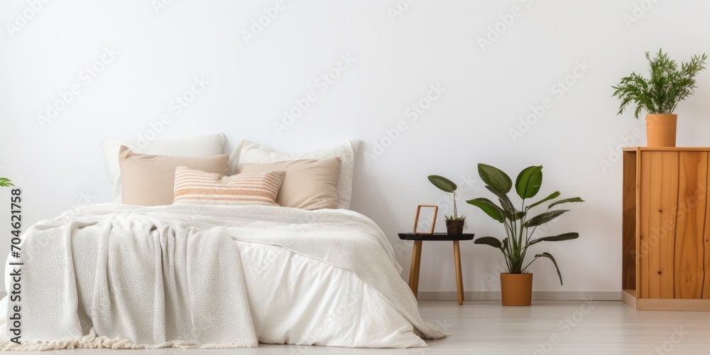 Minimal bedroom with cozy bed, pillows, and blanket by white wall, with lamp next to cabinet and plant in daylight.