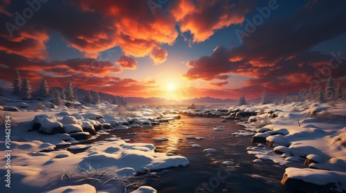 A winter sunrise casting a warm glow on a snow-covered mountain range, creating a breathtaking scene of natural beauty.