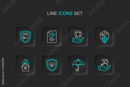 Set line Umbrella in hand, Life insurance with shield, Fire burning house, Delivery security, Lifebuoy, Marriage contract and icon. Vector