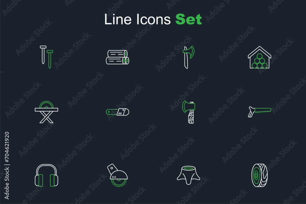 Set line Tree rings, stump, Electric circular saw, Headphones, Hand, Wooden axe, Chainsaw and icon. Vector Set line Tree rings, stump, Electric circular saw, Headphones, Hand, Wooden axe, Chainsaw and icon. Vector