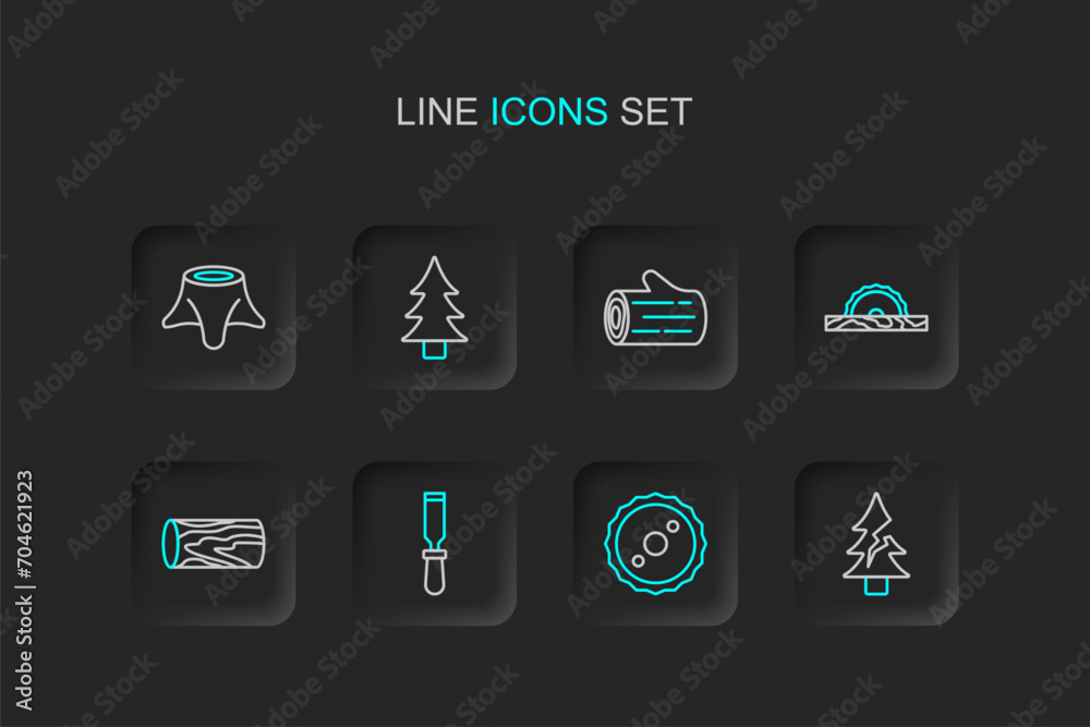 Set line Tree, Circular saw blade, Chisel tool, Wooden log, Electric circular, and stump icon. Vector Set line Tree, Circular saw blade, Chisel tool, Wooden log, Electric circular, and stump icon. Vector