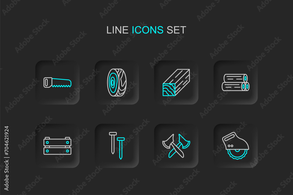 Set line Electric circular saw, Wooden axe, Metallic nails, box, log, beam, Tree rings and Hand icon. Vector Set line Electric circular saw, Wooden axe, Metallic nails, box, log, beam, Tree rings and Hand icon. Vector
