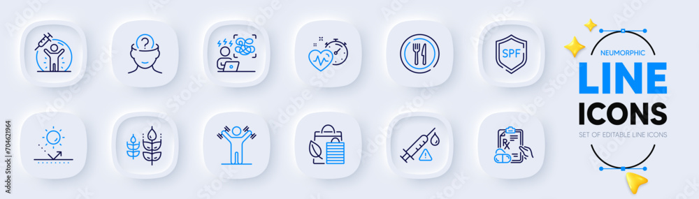 Difficult stress, Psychology and Cardio training line icons for web app. Pack of Sun protection, Prescription drugs, Dumbbells workout pictogram icons. Vaccine attention, Bio shopping. Vector