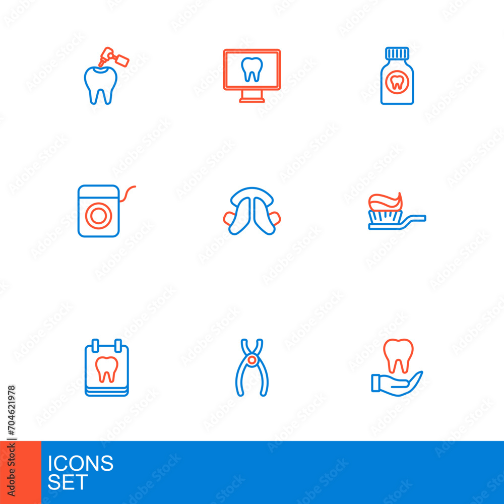 Set line Tooth, Dental pliers, Calendar with tooth, Toothbrush toothpaste, floss, plate, Toothache painkiller tablet and Online dental care icon. Vector Set line Tooth, Dental pliers, Calendar with tooth, Toothbrush toothpaste, floss, plate, Toothache painkiller tablet and Online dental care icon. Vector
