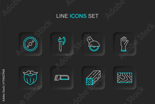 Set line Wooden beam, Hacksaw, Mustache and beard, Protective gloves, Electric circular, axe and Circular blade icon. Vector
