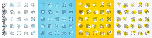 Vector icons set of Smartphone broken, Fingerprint and Loop line icons pack for web with Faq, 360 degree, Car outline icon. Refresh website, Bill accounting, Music pictogram. Target path. Vector