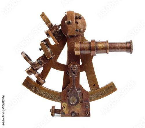 Vintage sextant isolated on white background. Antique marine navigation instrument. Orientation by the stars. 