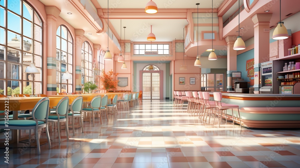 Pink retro diner interior with tables and chairs