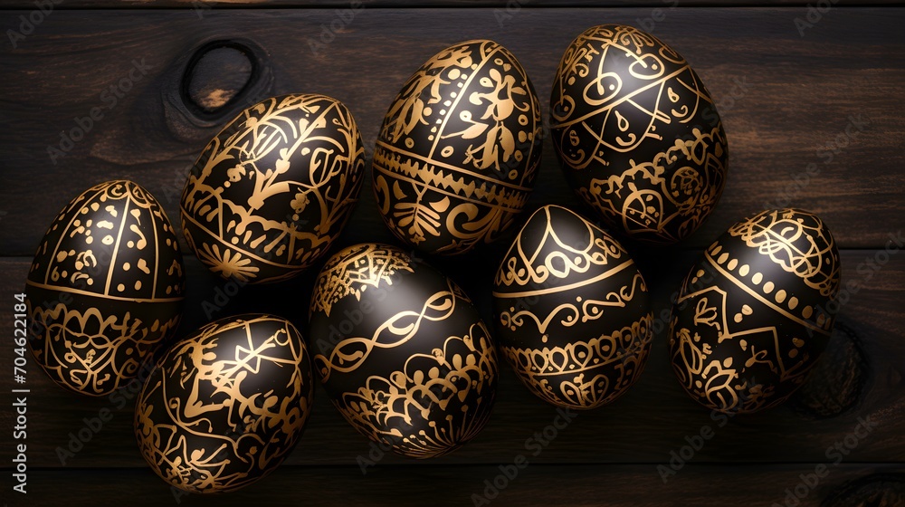 Dark Gold Easter Eggs on a wooden Background with Copy Space. Template for a Happy Easter Greeting Card
