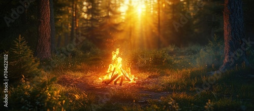 Evening campfire in a sunset-lit forest, fire shining in the field. photo