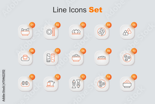 Set line Rice in a bowl, Wonton, Served fish plate, Traditional tea ceremony, Sushi, Fish steak and Chow mein icon. Vector