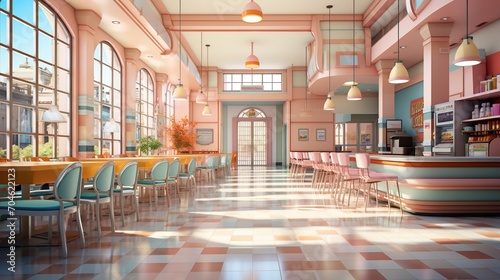 Pink retro diner interior with tables and chairs