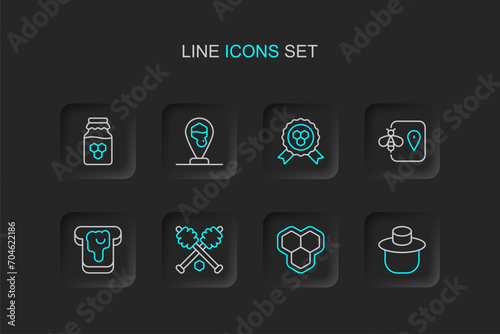 Set line Beekeeper with protect hat, Honeycomb, dipper stick, Bread honey, location, award, bee and Jar of icon. Vector