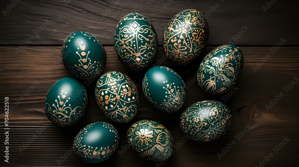 Dark Green Easter Eggs on a wooden Background with Copy Space. Template for a Happy Easter Greeting Card Dark Green Easter Eggs on a wooden Background with Copy Space. Template for a Happy Easter Greeting Card