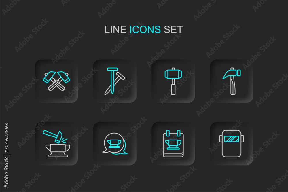 Set line Welding mask, Blacksmith anvil tool, Anvil and hammer, Hammer, Sledgehammer, Metallic nails and Crossed icon. Vector Set line Welding mask, Blacksmith anvil tool, Anvil and hammer, Hammer, Sledgehammer, Metallic nails and Crossed icon. Vector