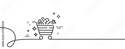 Vegetables cart line icon. Continuous one line with curl. Lettuce, carrot with tomato sign. Low calories food symbol. Vegetables cart single outline ribbon. Loop curve pattern. Vector