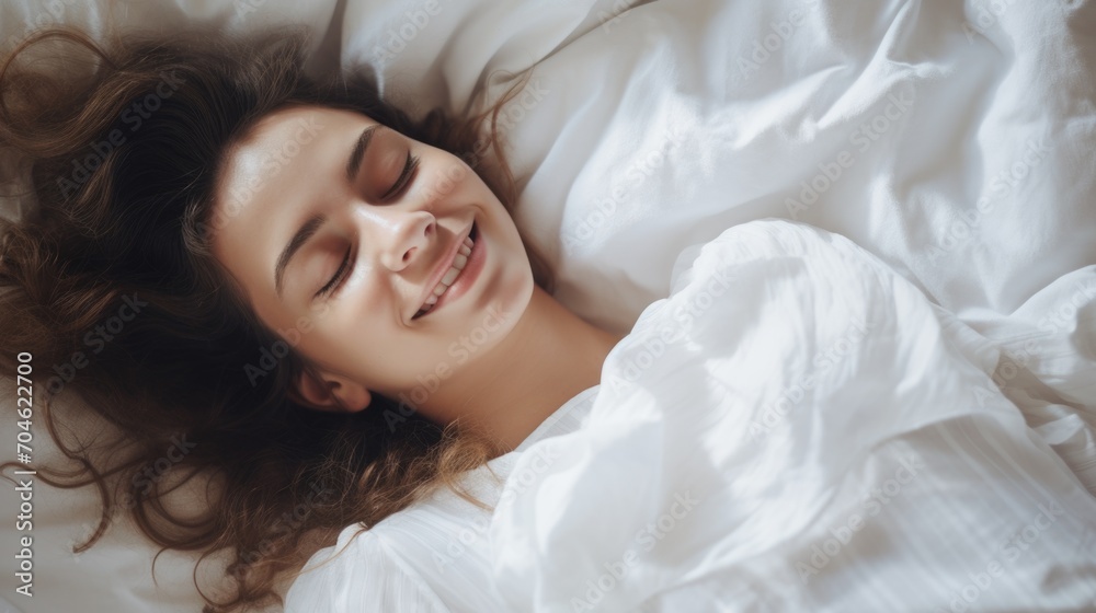 A happy woman lies in bed with her eyes closed and smiles peacefully. Dreams and plans, stress-free, happiness and mental health. A happy woman lies in bed with her eyes closed and smiles peacefully. Dreams and plans, stress-free, happiness and mental health.