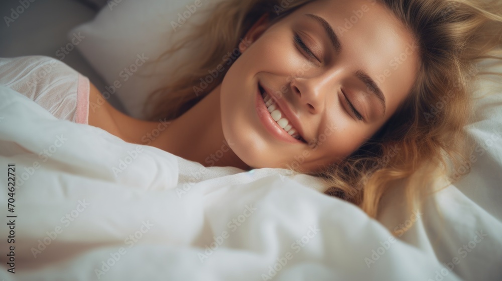 A happy woman lies in bed with her eyes closed and smiles peacefully. Dreams and plans, stress-free, happiness and mental health. A happy woman lies in bed with her eyes closed and smiles peacefully. Dreams and plans, stress-free, happiness and mental health.