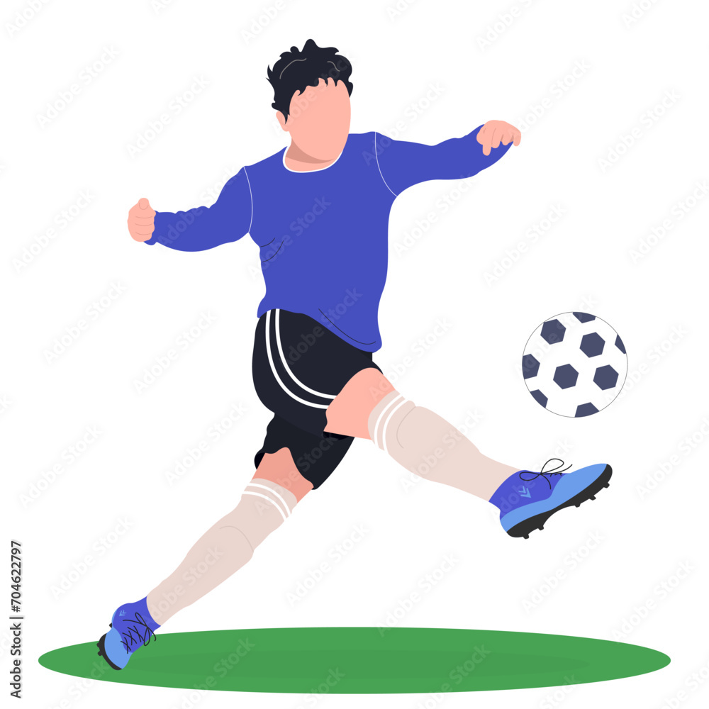 A faceless style football player kicks the ball. Football player. Athlete. Flat illustration. A faceless style football player kicks the ball. Football player. Athlete. Flat illustration.