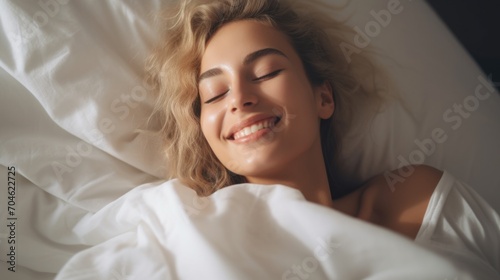 A happy woman lies in bed with her eyes closed and smiles peacefully. Dreams and plans, stress-free, happiness and mental health.
