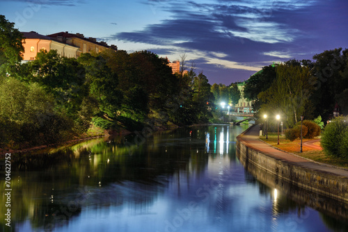 View of river in city park in Minsk at evening time