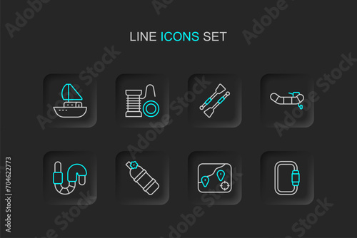 Set line Carabiner, Location fishing, Aqualung, Worm, Inflatable boat with motor, Oars paddles, Spinning reel for and Yacht sailboat icon. Vector