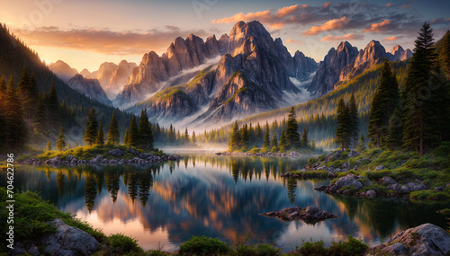 Serene Sunrise over Mountain Lake