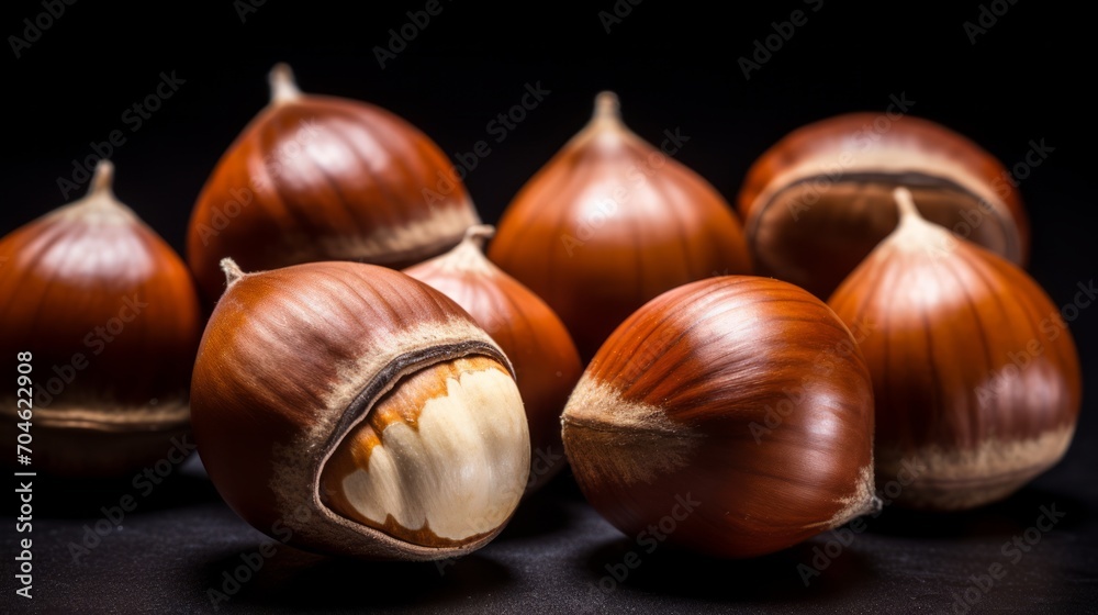 Hazelnuts on black background. Neural network AI generated art Hazelnuts on black background. Neural network AI generated art