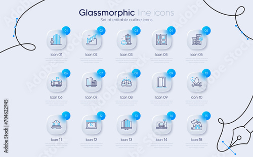 Set of Loan house, Realtor and Flood insurance line icons for web app. Stairs, Construction building, Arena icons. Court building, Agent, Arena stadium signs. Buildings, Enterprise, Open door. Vector
