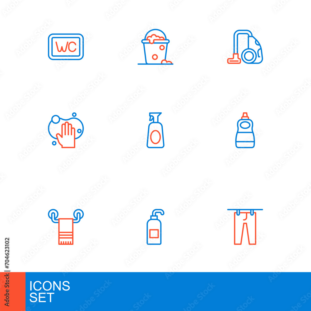 Set line Drying clothes, Antibacterial soap, Towel on hanger, Dishwashing liquid bottle, Sponge, Cleaning spray with detergent, Vacuum cleaner and Bucket foam and bubbles icon. Vector Set line Drying clothes, Antibacterial soap, Towel on hanger, Dishwashing liquid bottle, Sponge, Cleaning spray with detergent, Vacuum cleaner and Bucket foam and bubbles icon. Vector