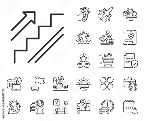 Shopping stairway sign. Plane jet, travel map and baggage claim outline icons. Stairs line icon. Entrance or Exit symbol. Stairs line sign. Car rental, taxi transport icon. Place location. Vector
