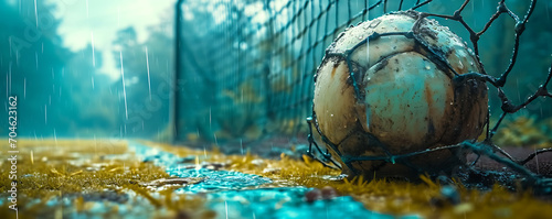 A textured soccer game field with a ball positioned in front of the soccer goal  and a soccer ball nestled in the soccer net.