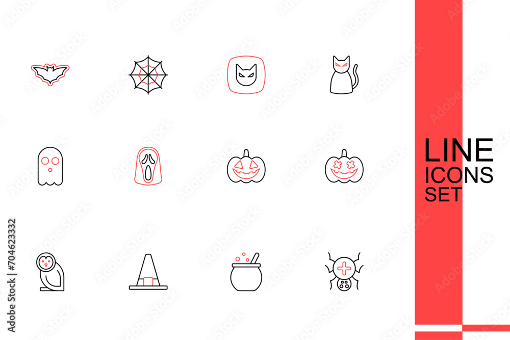 Set line Spider, Halloween witch cauldron, Witch hat, Owl bird, Pumpkin, Funny and scary ghost mask and Ghost icon. Vector Set line Spider, Halloween witch cauldron, Witch hat, Owl bird, Pumpkin, Funny and scary ghost mask and Ghost icon. Vector