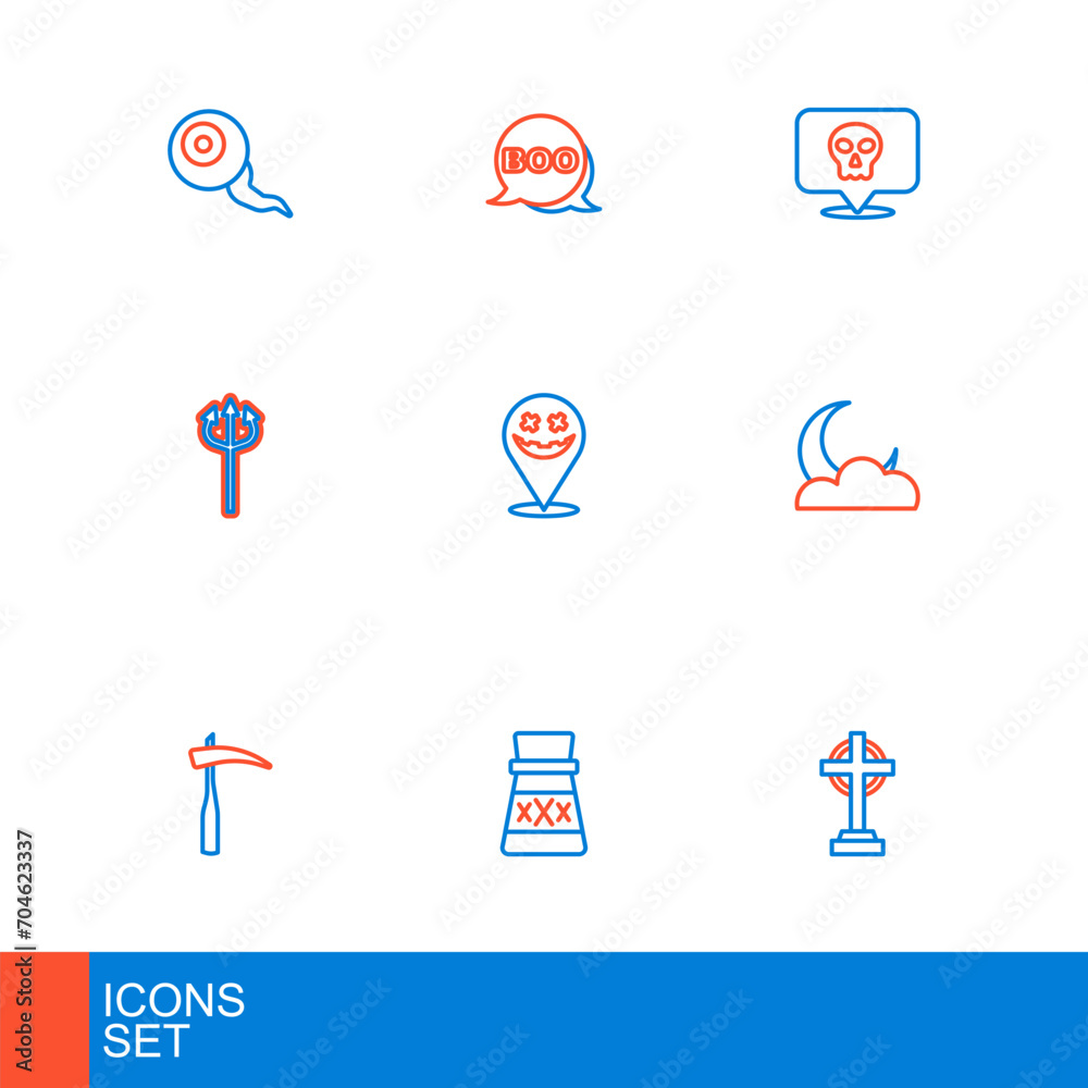 Set line Tombstone with cross, Bottle potion, Scythe, Moon and stars, Trident devil, Happy Halloween holiday, Skull and Boo speech bubble icon. Vector